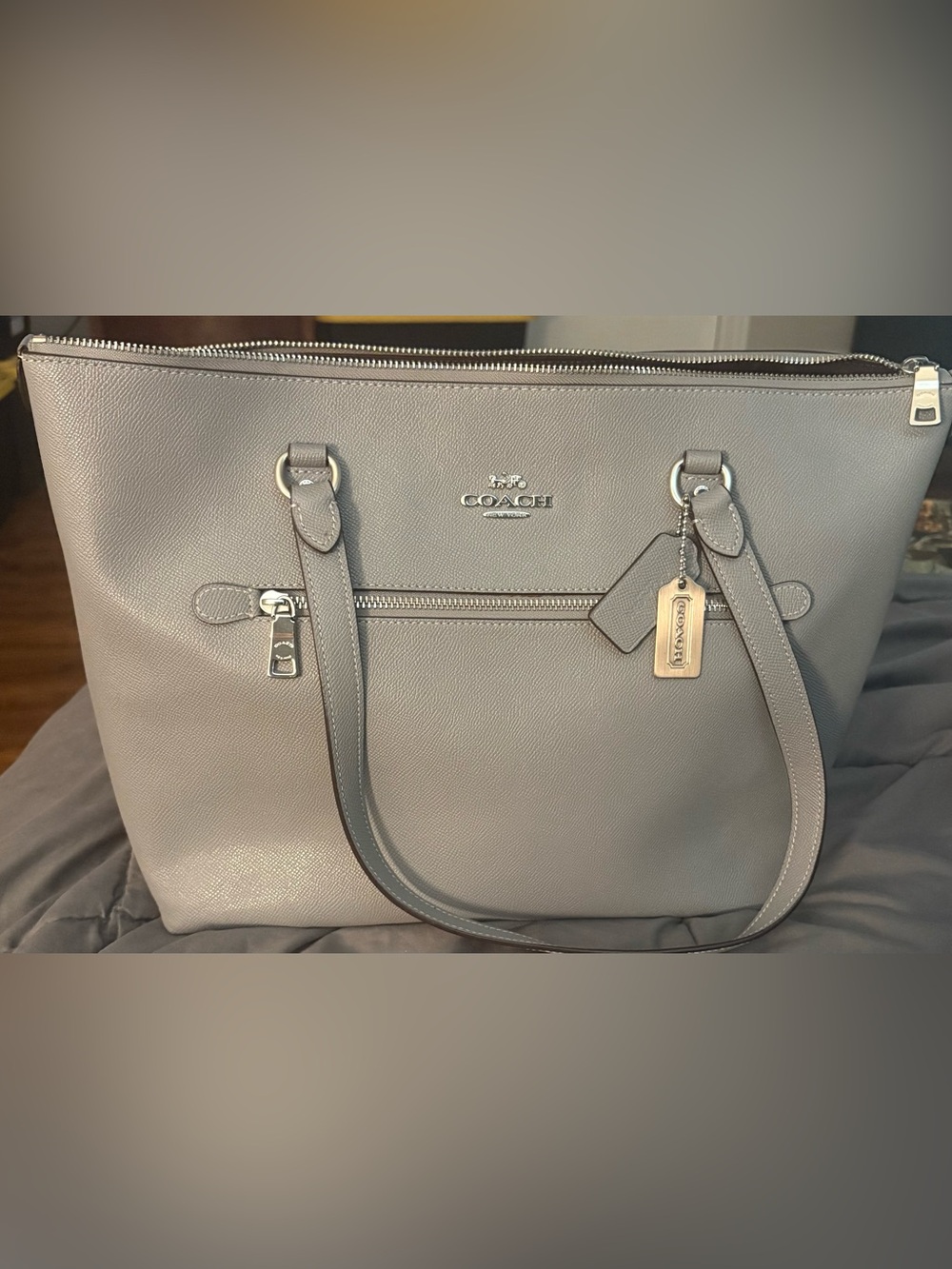 Coach Gray Leather Tote with Front Zip Pocket